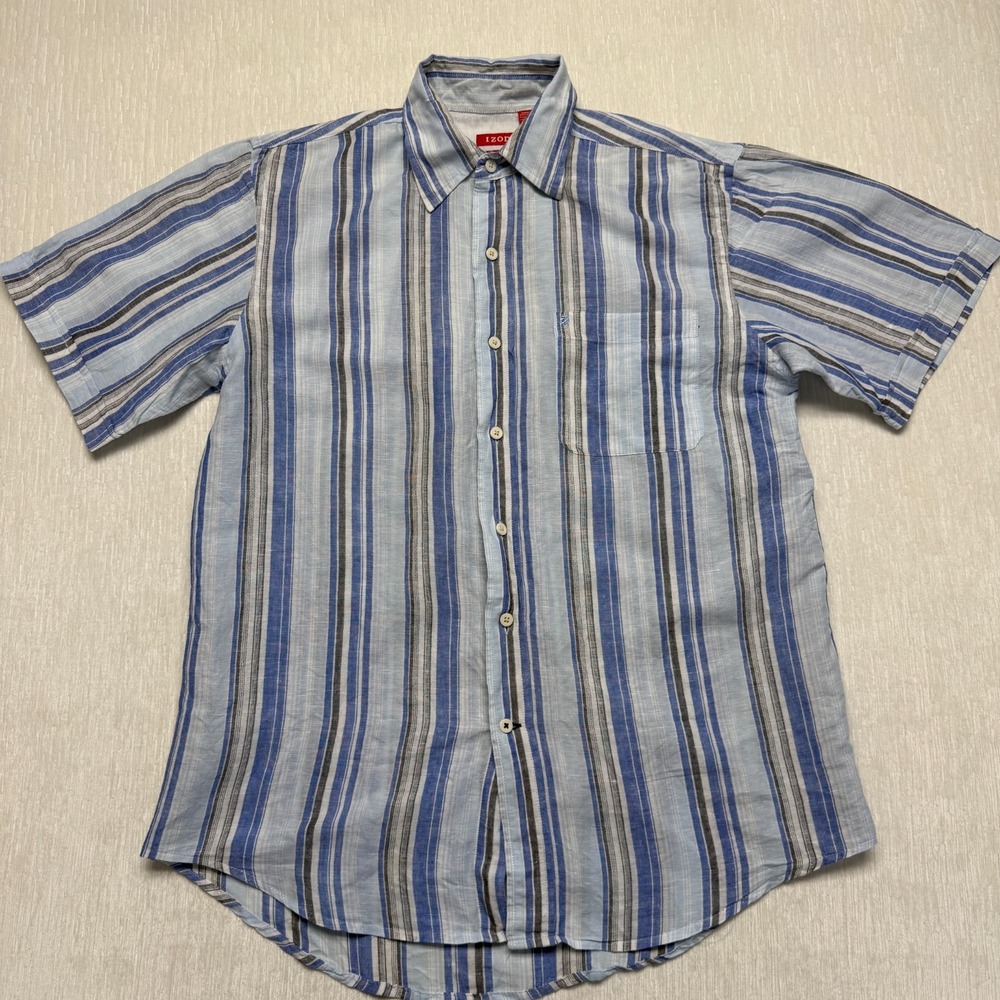IZOD Island Linen Blend Shirt Mens Small Blue White Striped Button Up SS